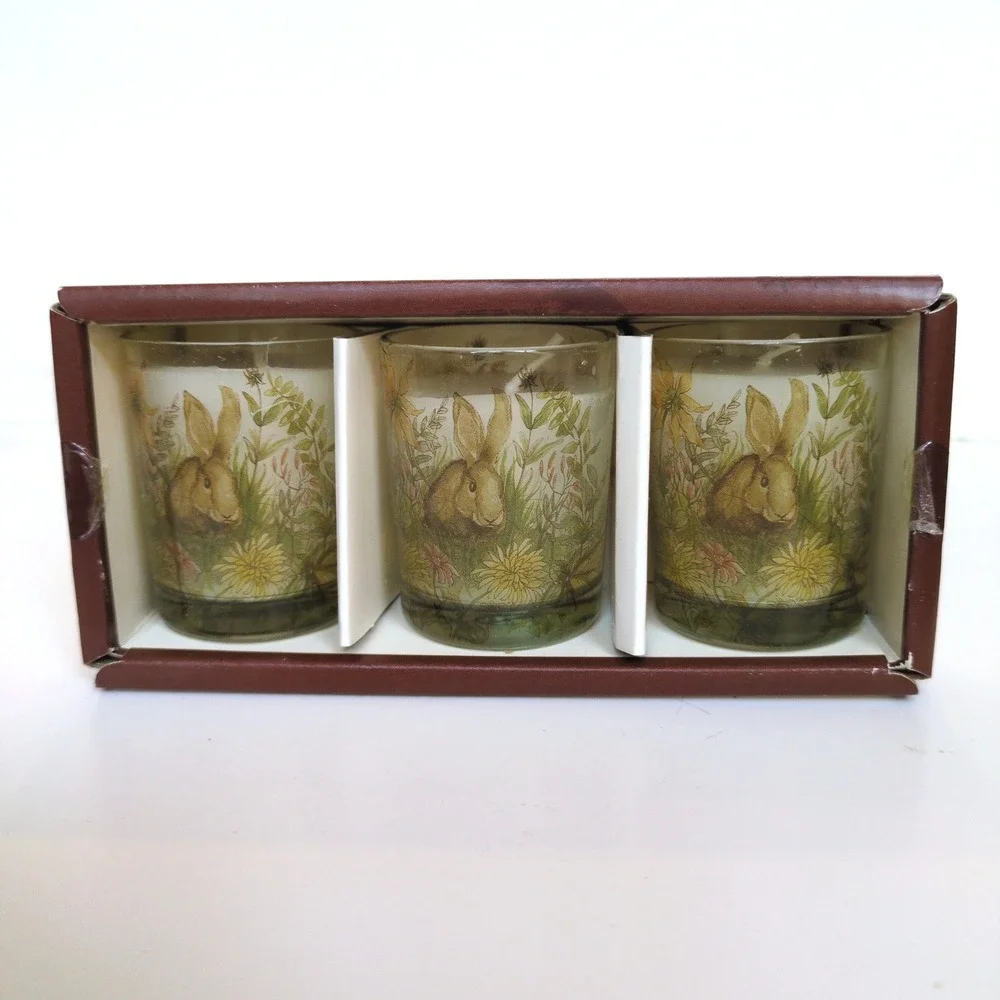 NIP Pottery Barn Bunny Rabbit Easter Decoupage‎ Votive Candles Set of 3 Floral